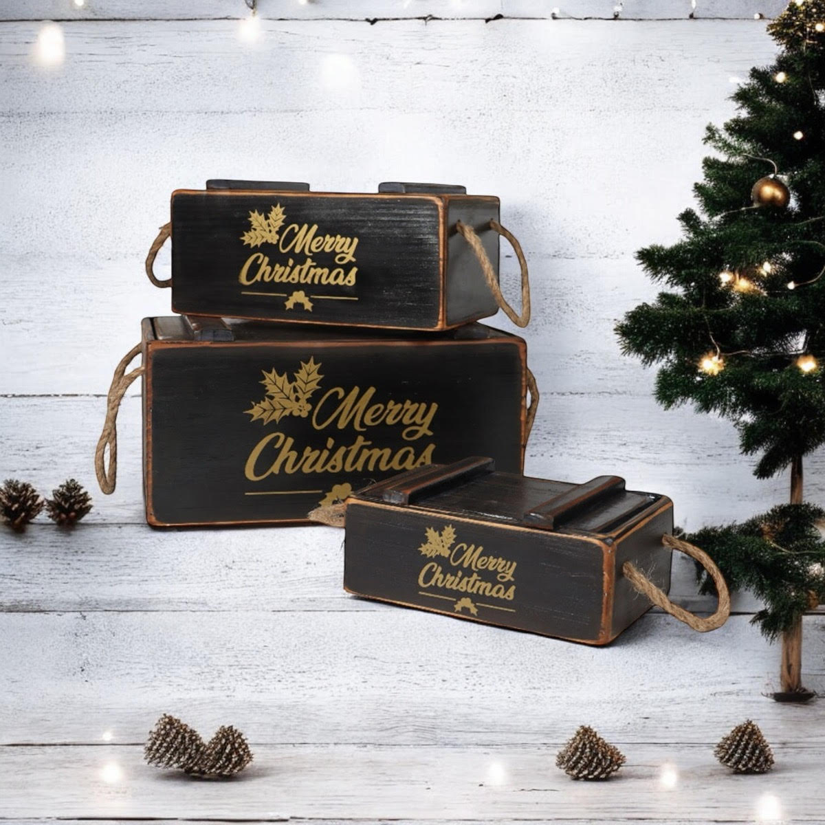AcaciaHome Vintage Wooden Merry Christmas Storage Crate Set with Sturdy Handles – Festive Rustic Decor