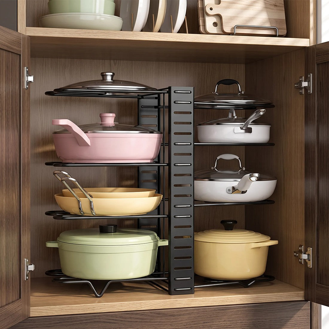Adjustable 8-Tier Cookware Organiser Rack – Carbon Steel Pan & Pot Storage Holder, Non-Slip Feet, Black