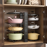 Adjustable 8-Tier Cookware Organiser Rack – Carbon Steel Pan & Pot Storage Holder, Non-Slip Feet, Black