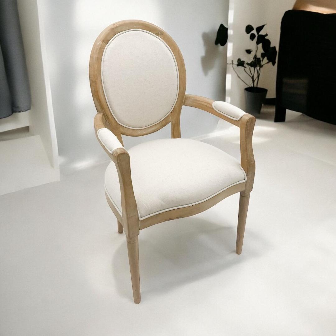 Louis style cream linen armchair with oak frame