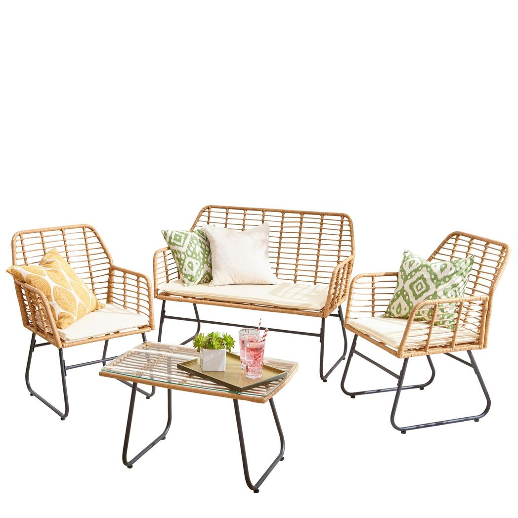 Neo 4-Piece Wicker Bamboo-Style Garden Sofa Set with Table and Chairs – Indoor and Outdoor Rattan Furniture