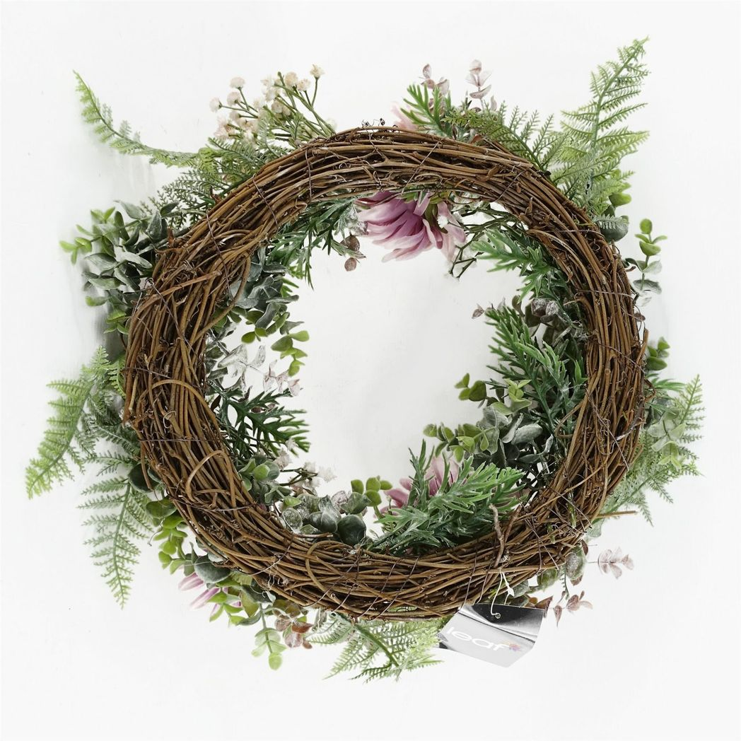 45cm Large Artificial Pink Blossom Floral Wreath on Natural Woven Base – Door Decoration