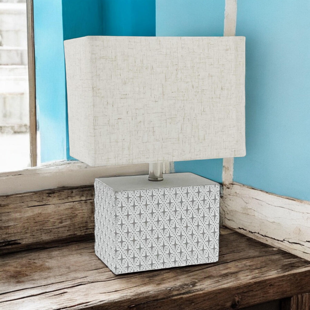 Cream Cement Table Lamp with Diamond Pattern Base & Empire Fabric Shade – Art Deco Style