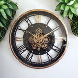 AcaciaHome Round Wall Clock with Roman Numerals and Moving Gears – Industrial Quartz Clock, Black & Gold 60cm
