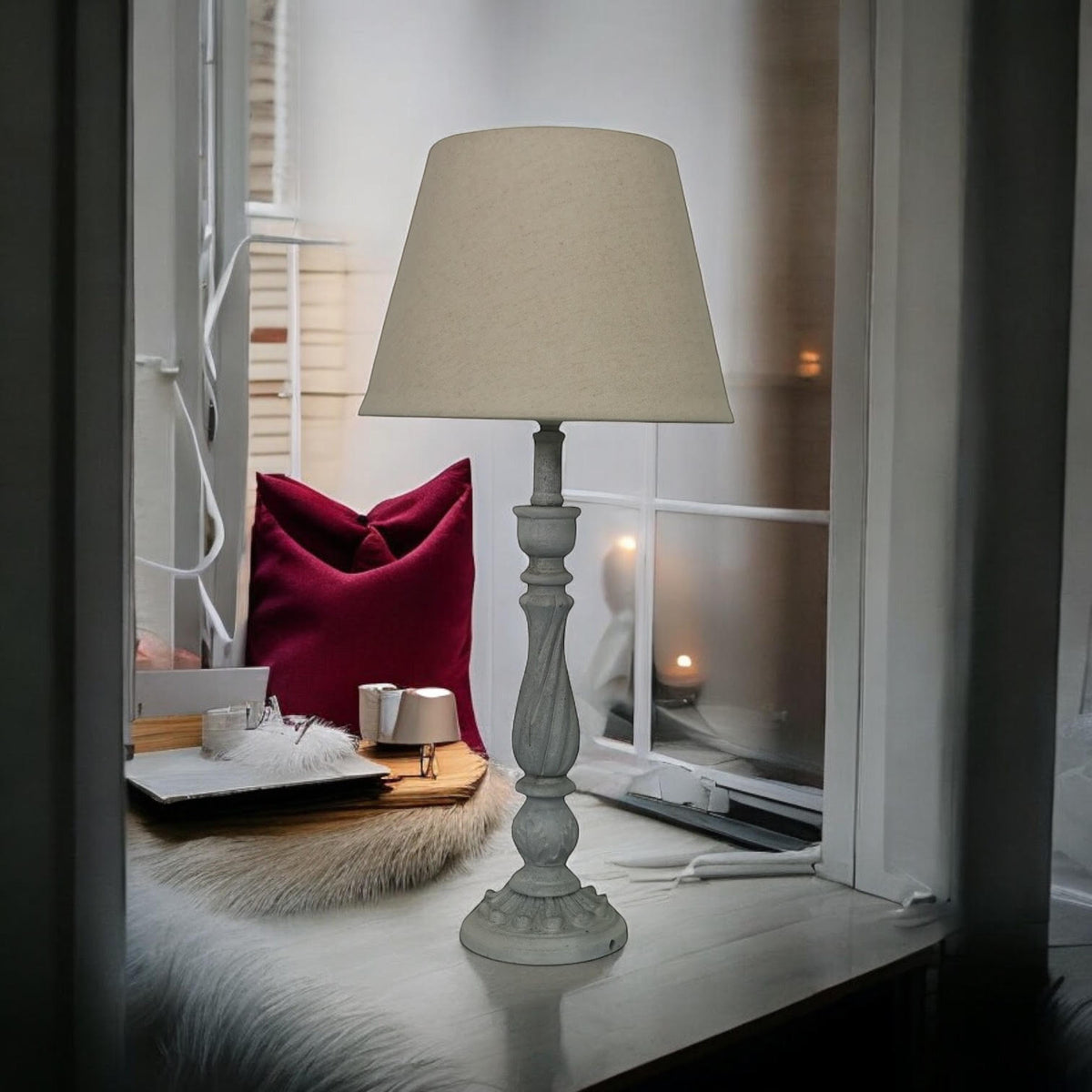 AcaciaHome Tall Washed Wood Table Lamp with Taupe Linen Shade – Shabby Chic & Farmhouse Lighting