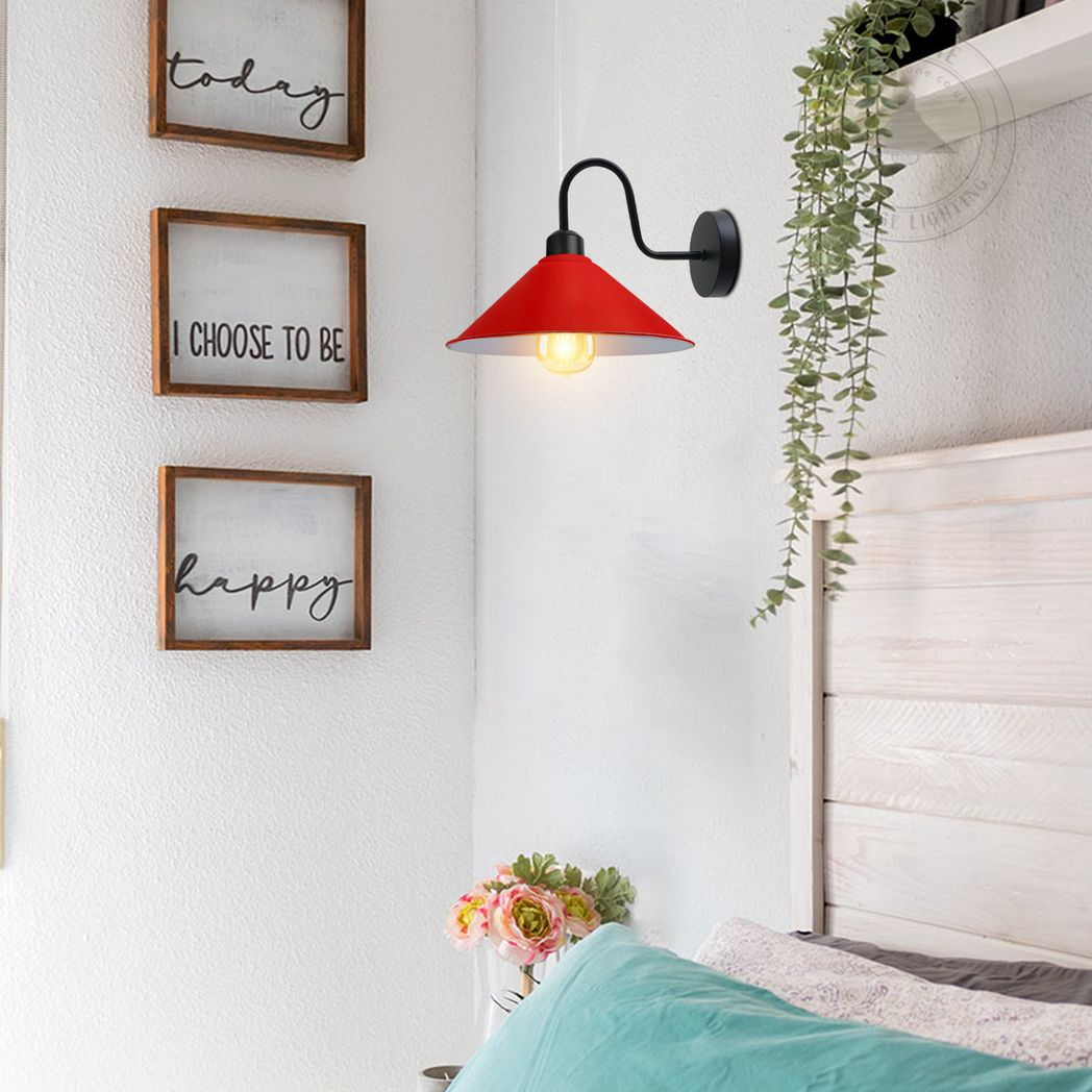 Red Cone Wall Light with Swan Neck Arm, E27 Base & Black Sconce – Dimmable Vintage Indoor Wall Lamp
