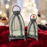 MSL Metal Tealight Lantern Holder Set of 2 – Art Deco Glass Candle Lanterns, Freestanding or Hanging, Gold