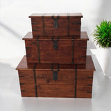 Rustic Solid Acacia Wooden Storage Chests, Set of 3 – Vintage Handles, Blanket Box or Coffee Table, Deep Brown