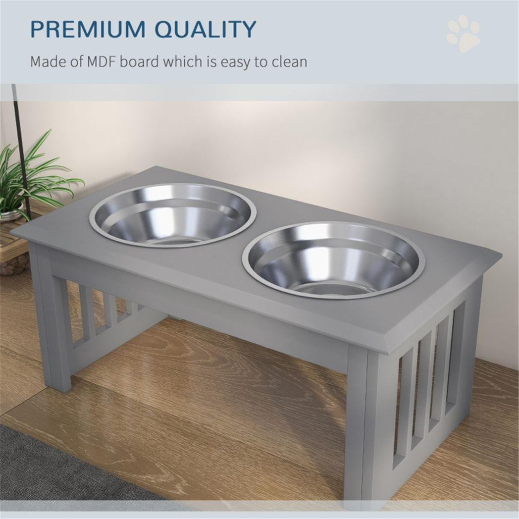 PawHut Elevated Dog Bowls with Stainless Steel Double Bowls & Anti-Slip Feet – Raised Pet Feeder Stand, Grey