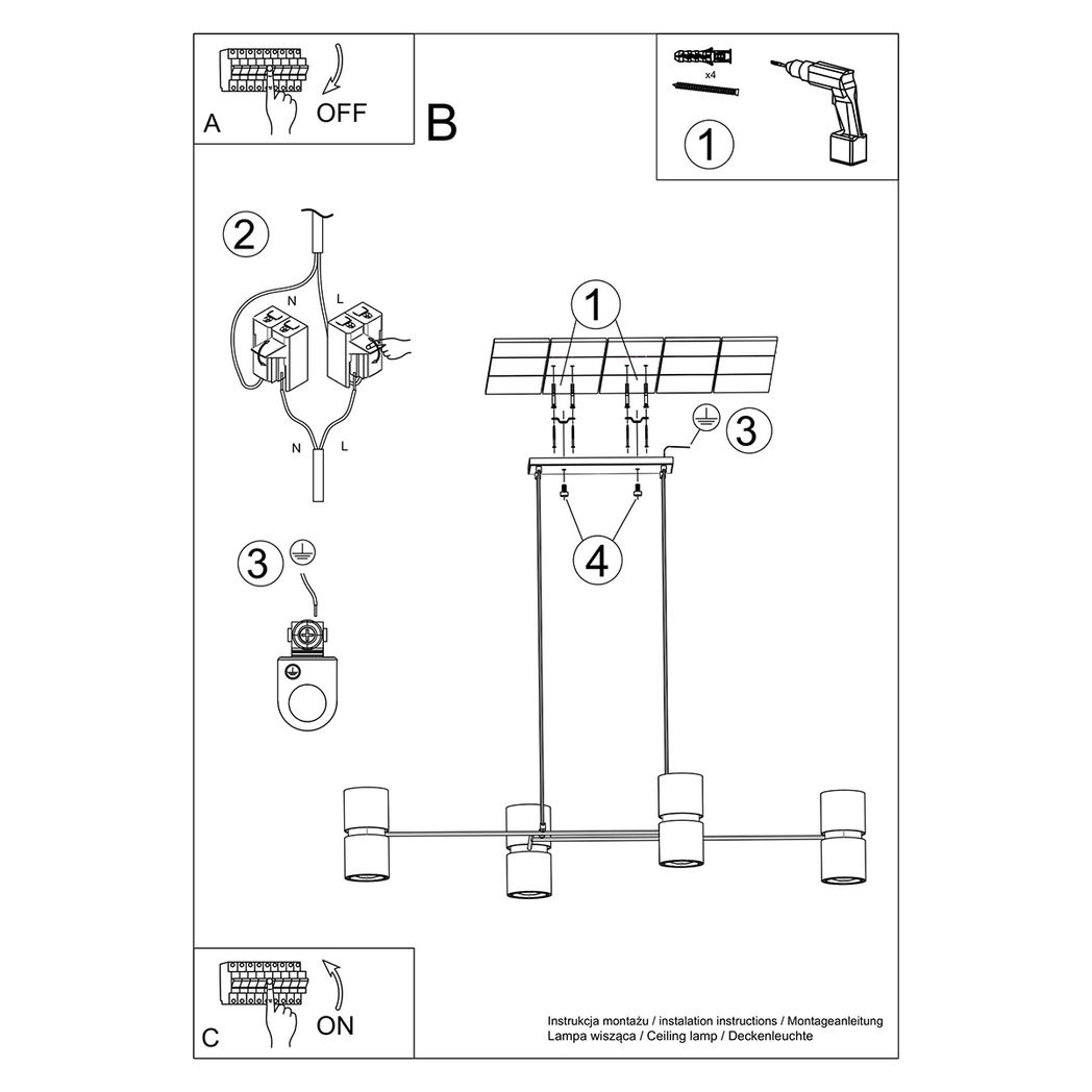 Kukkia Modern Pendant Lamp in Black Steel, 142cm – 4 x GU10/ES111