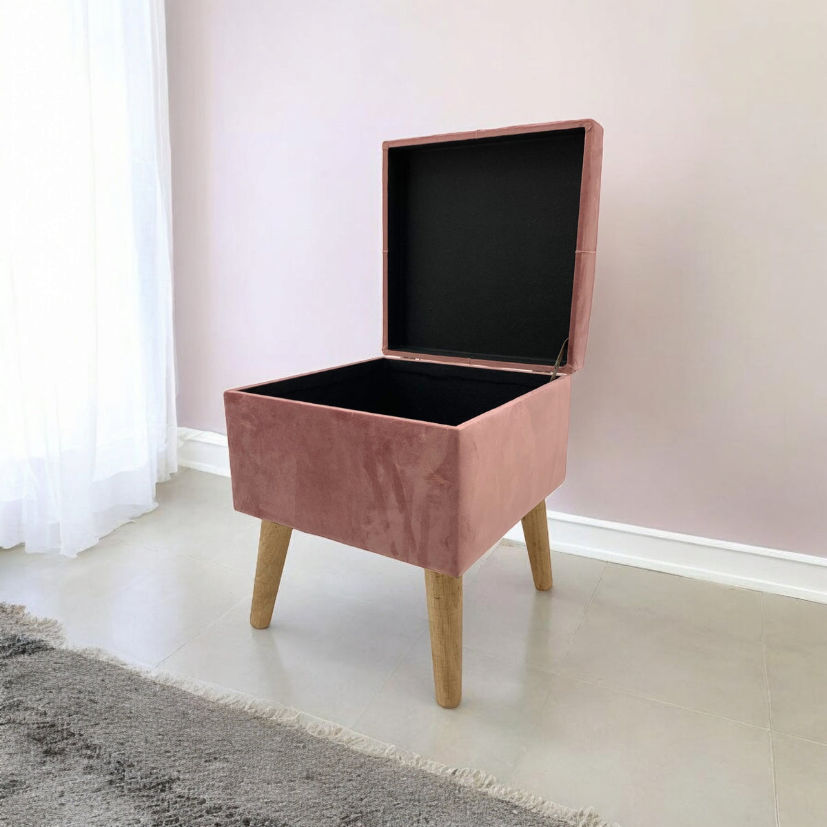 AcaciaHome Square Velvet Ottoman Footstool with Lift-Up Storage – Medium-Firm Foam Seat, Pink