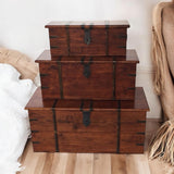 Rustic Solid Acacia Wooden Storage Chests, Set of 3 – Vintage Handles, Blanket Box or Coffee Table, Deep Brown