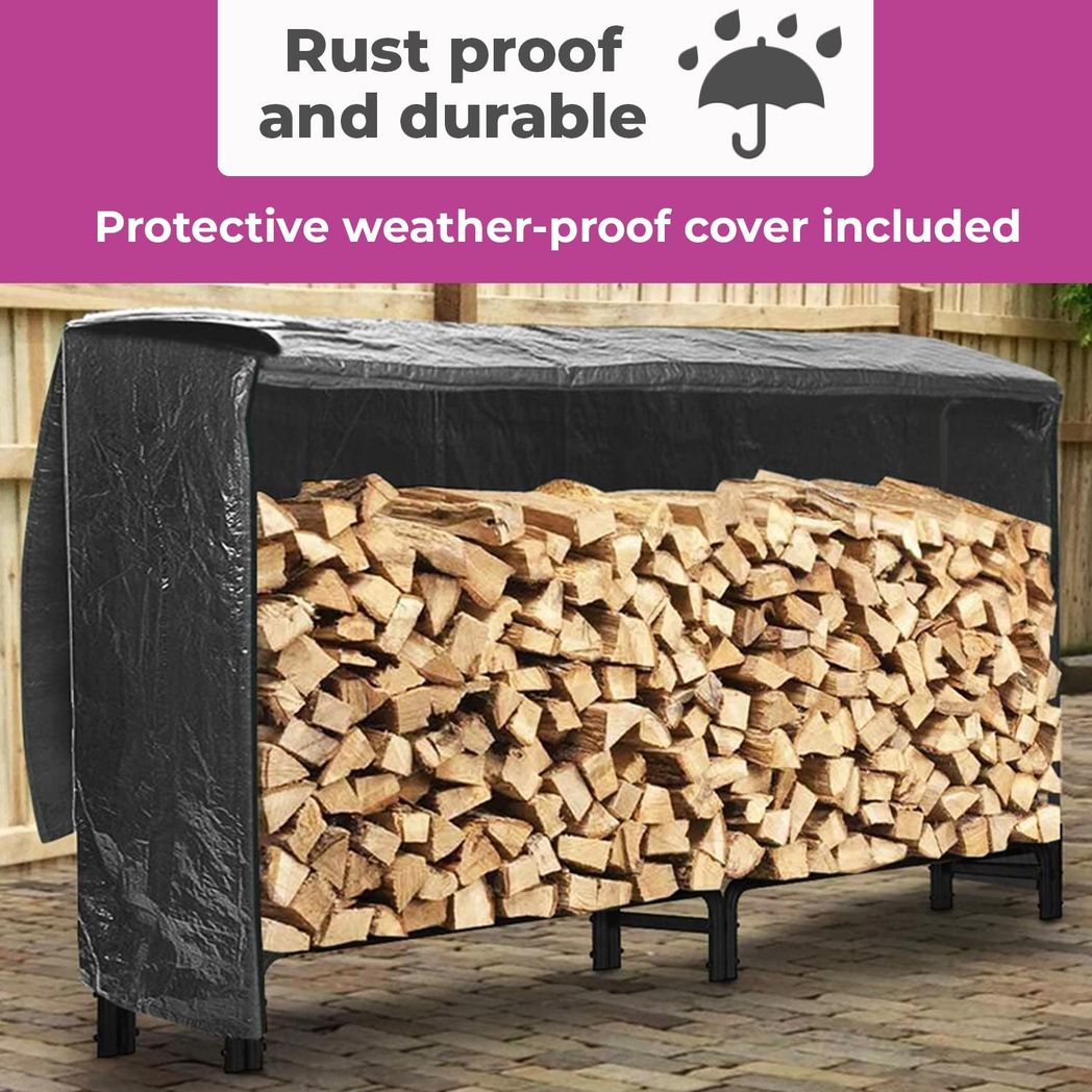 Neo 240cm Outdoor Metal Log Holder Storage Rack with Waterproof Cover – Firewood Store, Black