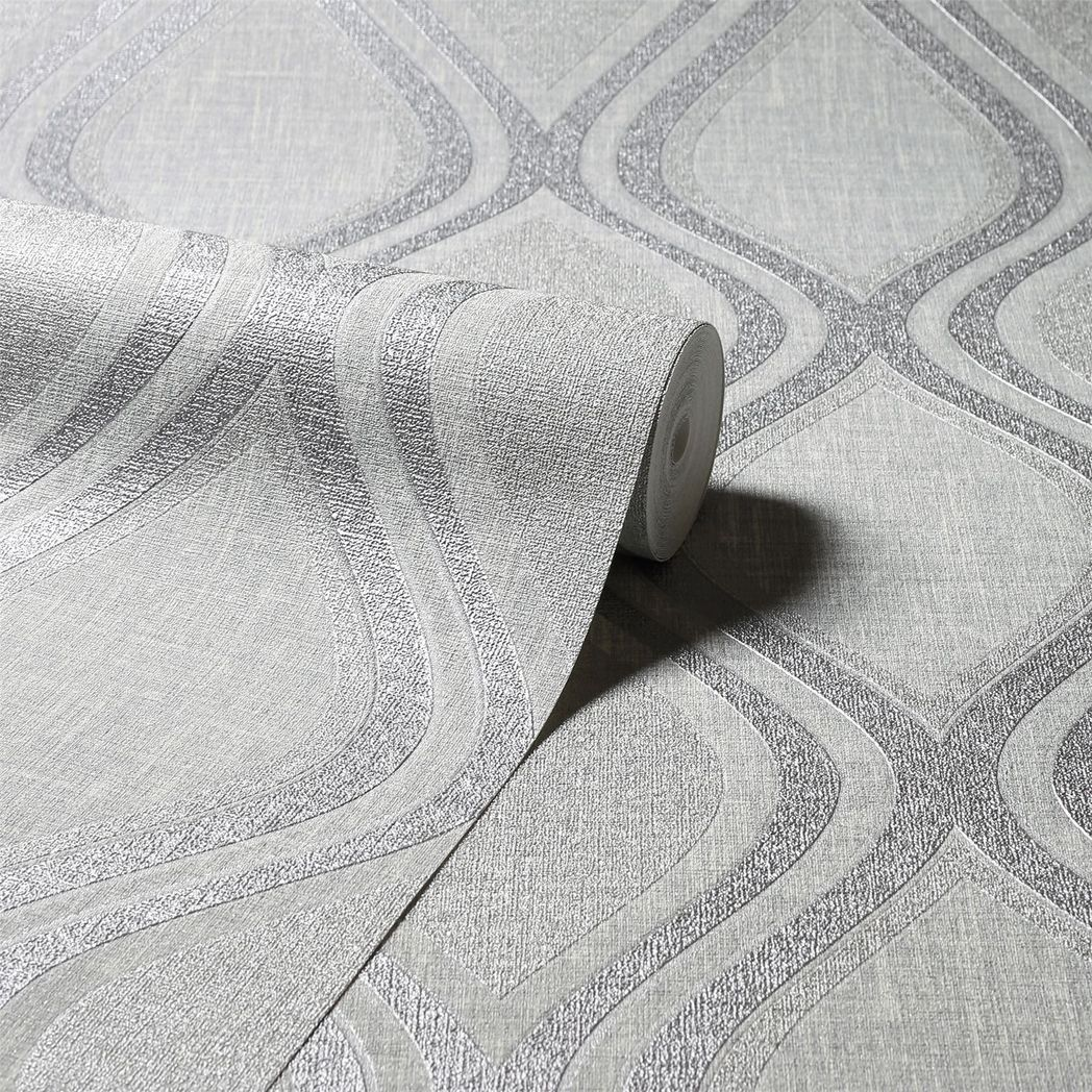 Arthouse Curve Heavyweight Vinyl Wallpaper with Teardrop Design & Metallic Shimmer – Strippable, Grey