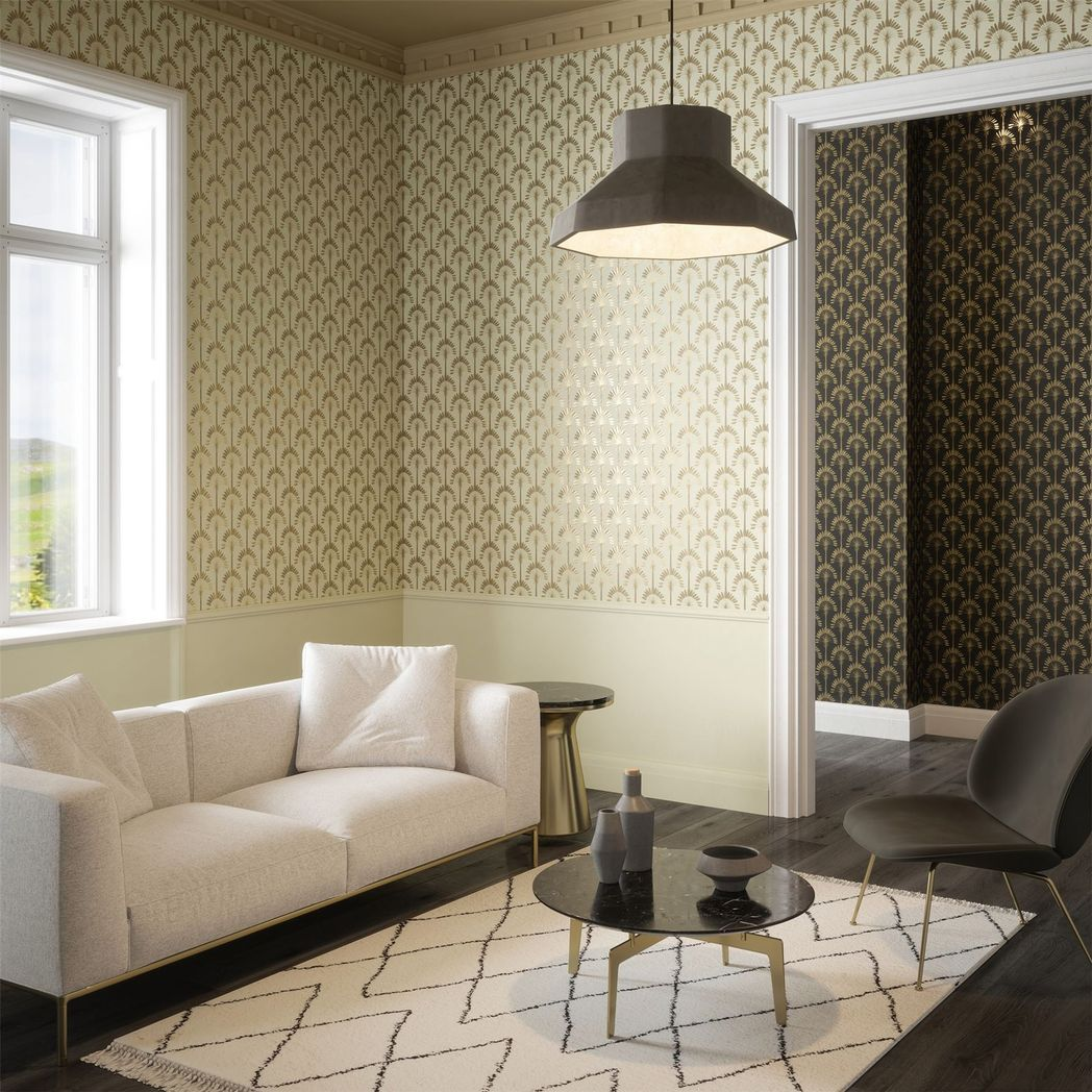 Arthouse Palm Palace Wallpaper with Metallic Gold Palms – Luxurious Exotic Colonial Style, Cream & Gold
