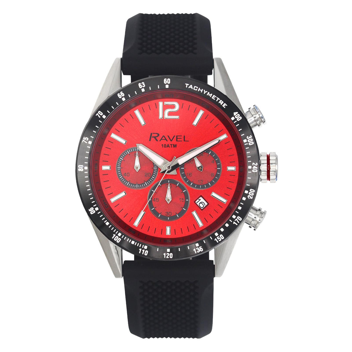 Ravel Mens Sports Chronograph Watch – 100m Water Resistant, Date Dial, Rubber Strap