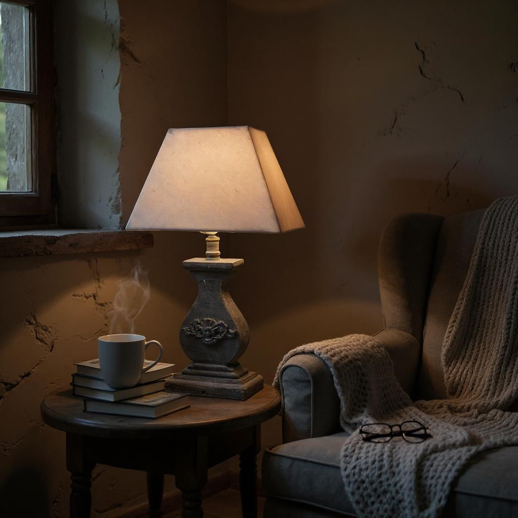 Tall Washed Wood Table Lamp with Taupe Linen Shade – Shabby Chic & Farmhouse Lighting