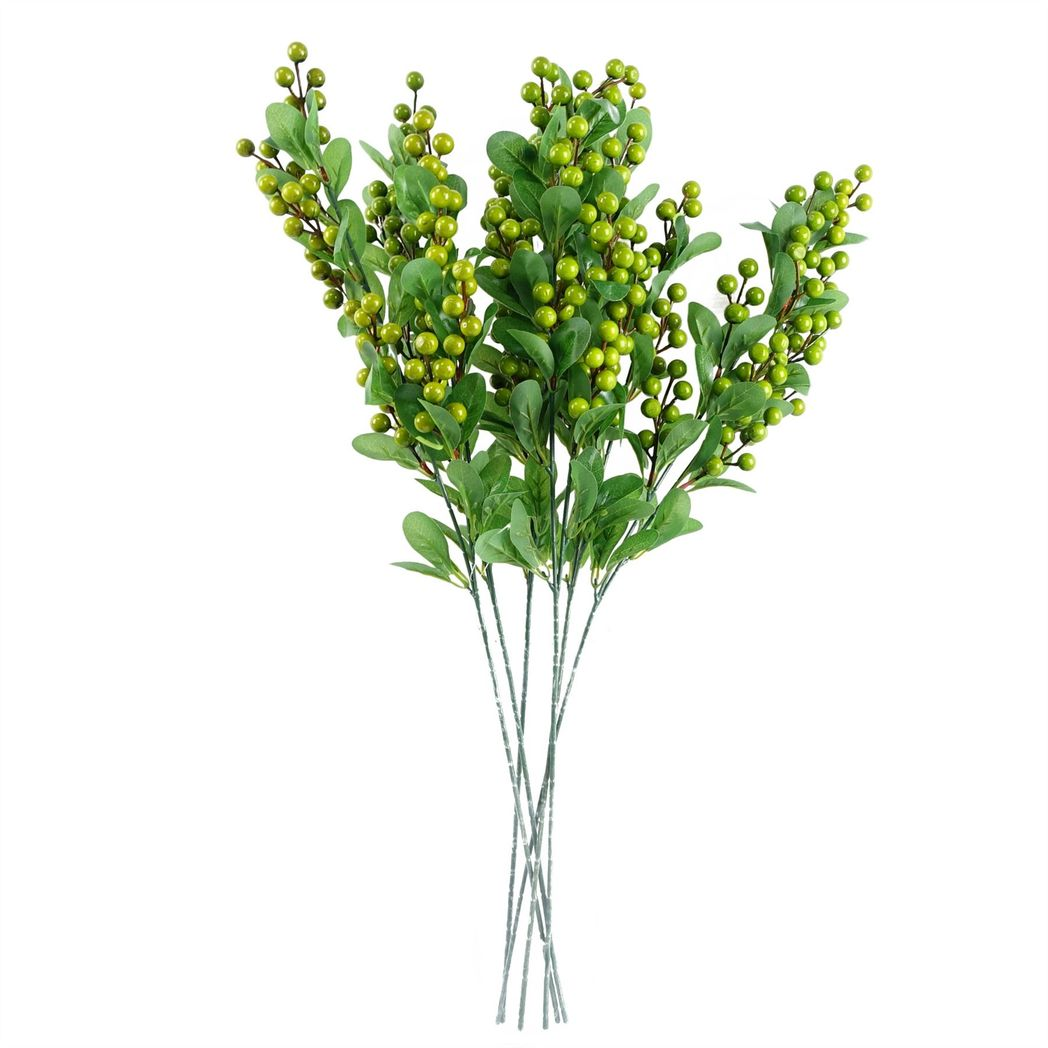 Leaf Pack of 6 Artificial Green Berry Sprays, 70cm – Faux Stems with Plastic Leaves for Arrangements