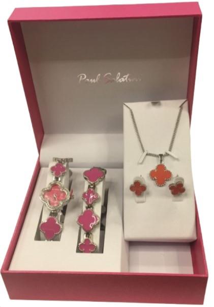 Paul Salatini Ladies Bling Watch Gift Set – Pink Dial, Silver Bracelet