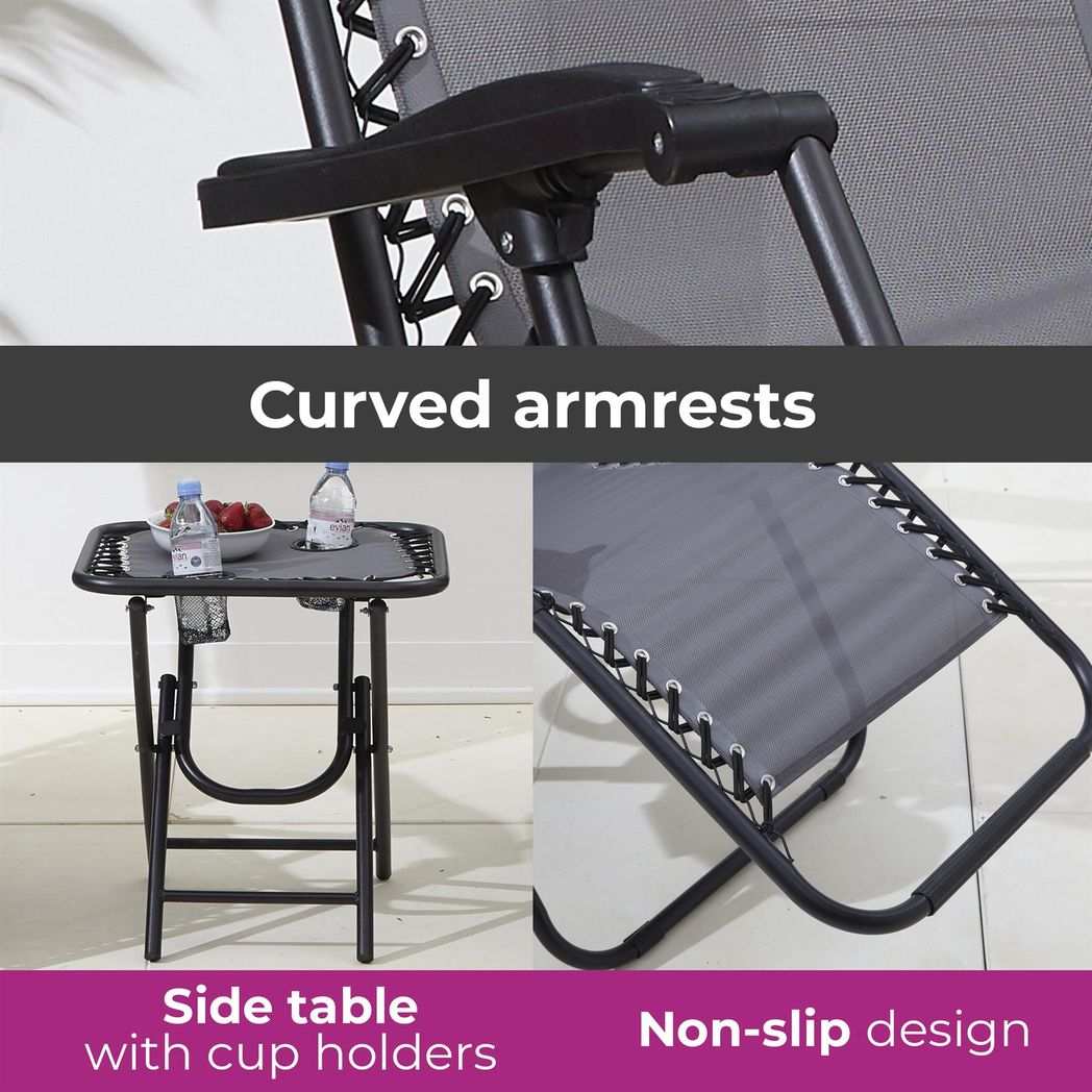 Neo Zero Gravity Chairs and Side Table Set – Folding, Reclining, Grey