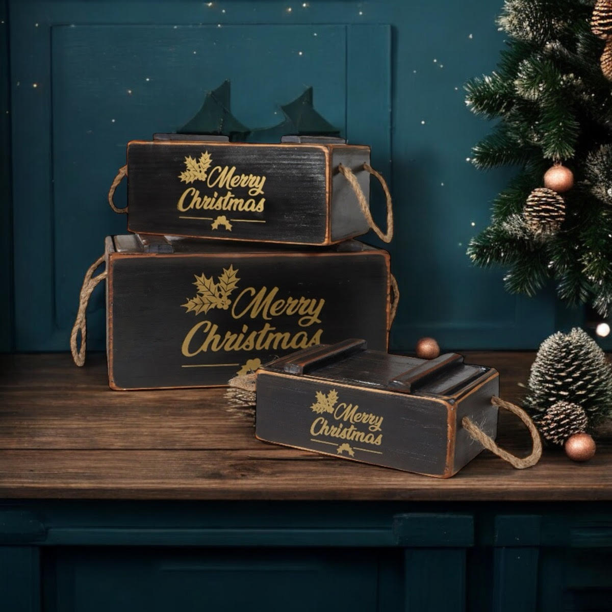 AcaciaHome Vintage Wooden Merry Christmas Storage Crate Set with Sturdy Handles – Festive Rustic Decor
