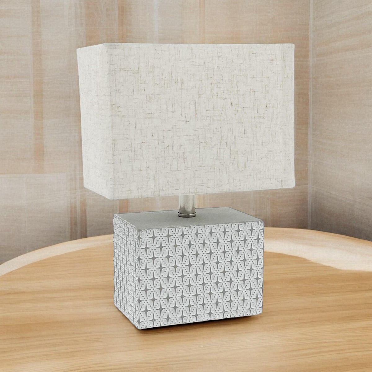 Cream Cement Table Lamp with Diamond Pattern Base & Empire Fabric Shade – Art Deco Style