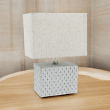 Cream Cement Table Lamp with Diamond Pattern Base & Empire Fabric Shade – Art Deco Style