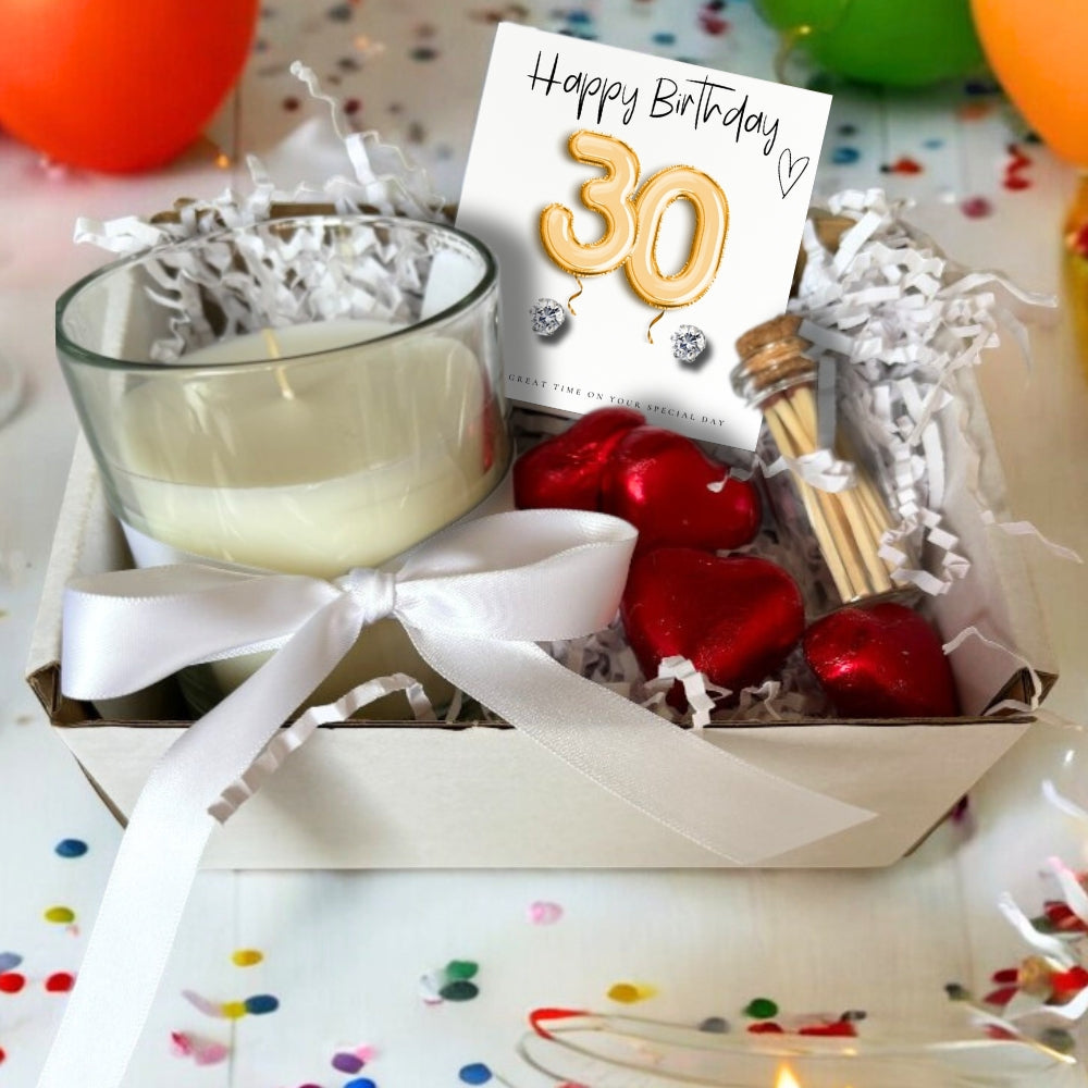 30th Birthday Gift Hamper – Cubic Zirconia Stud Earrings, Milk Chocolates & Linen Scented Candle