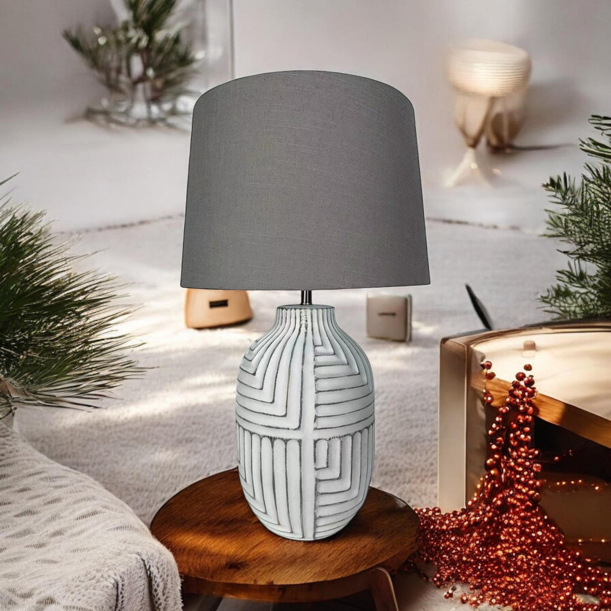 Oriental Floral Ceramic Table Lamp with Drum Shade – Large 50cm Hallway Lamp for Living Room or Bedroom, Stone Look