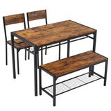 Rustic Brown 4 Piece Dining Table Set with 2 Chairs and Bench – Space-Saving Kitchen Table, Storage Shelves