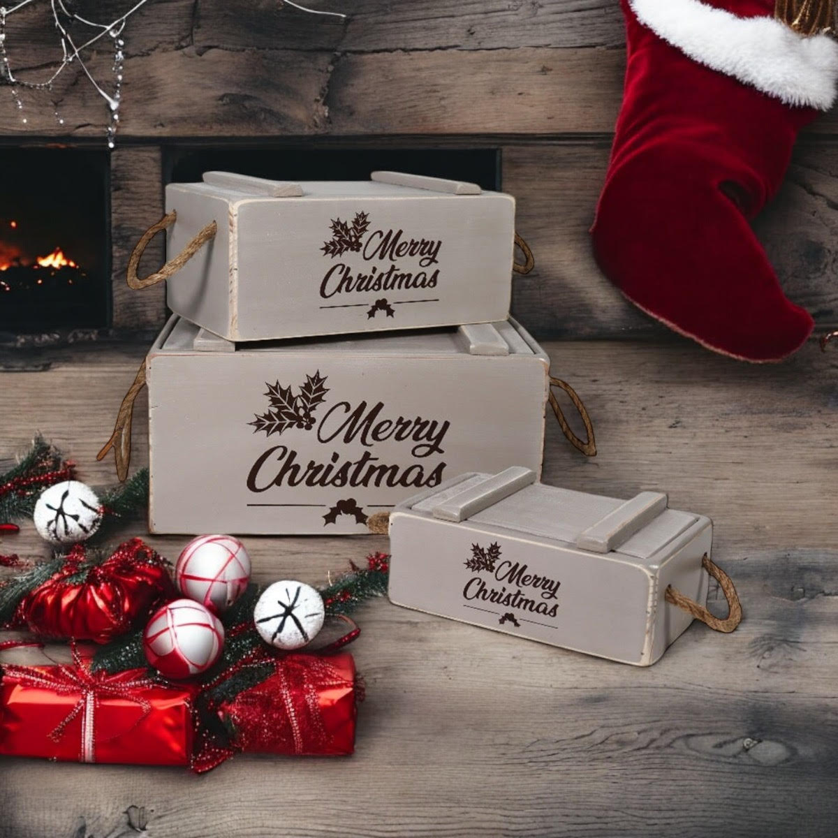 AcaciaHome Vintage Wooden Merry Christmas Storage Crate Set with Sturdy Handles – Festive Rustic Decor