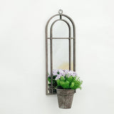 Elegant Rustic Arched Garden Wall Mirror with Flower Pot Holder – Patina Finish, Glass & Metal Frame