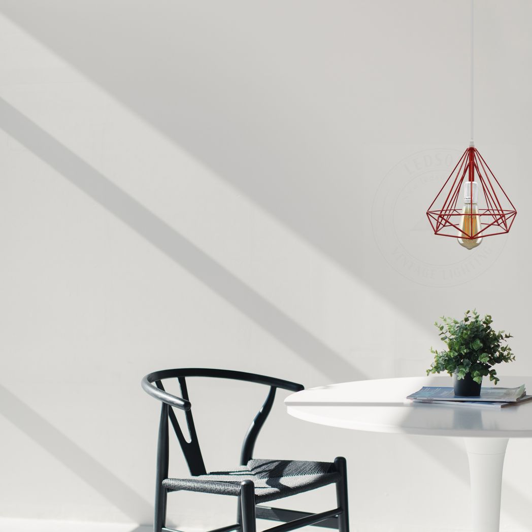 LEDSONE Single Red Vintage Industrial Cage Pendant Light, E27 Loft Style Metal Lamp – Bedroom & Living Room