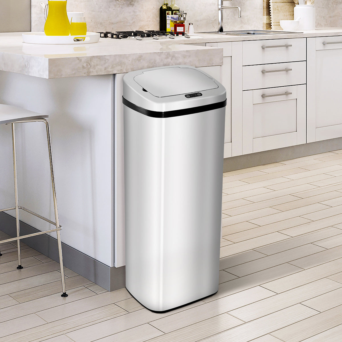 HOMCOM 50L Motion Sensor Kitchen Bin with Touch-Free Lid – Lightweight ABS Waste Bin, Silver & Black