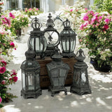 Grey Metal Tealight Lantern Set of 6 with Glass Panels – Art Deco Candle Holders for Home & Garden, 32–42cm