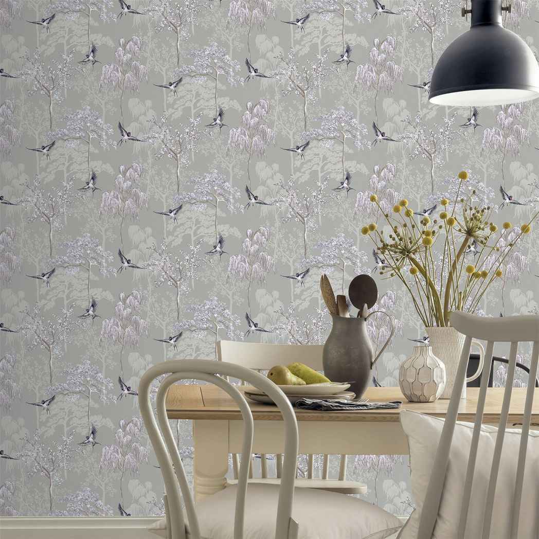 Arthouse Japanese Garden Wallpaper with Oriental Trees & Birds – Pearlescent Paste the Paper, Grey