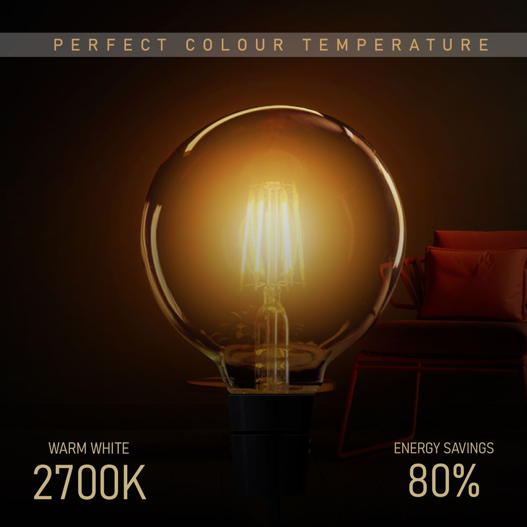 Ledsone 6 Pack E27 Dimmable LED Edison Bulbs, G95 Amber Glass – 8W Warm White 2700K Vintage Filament