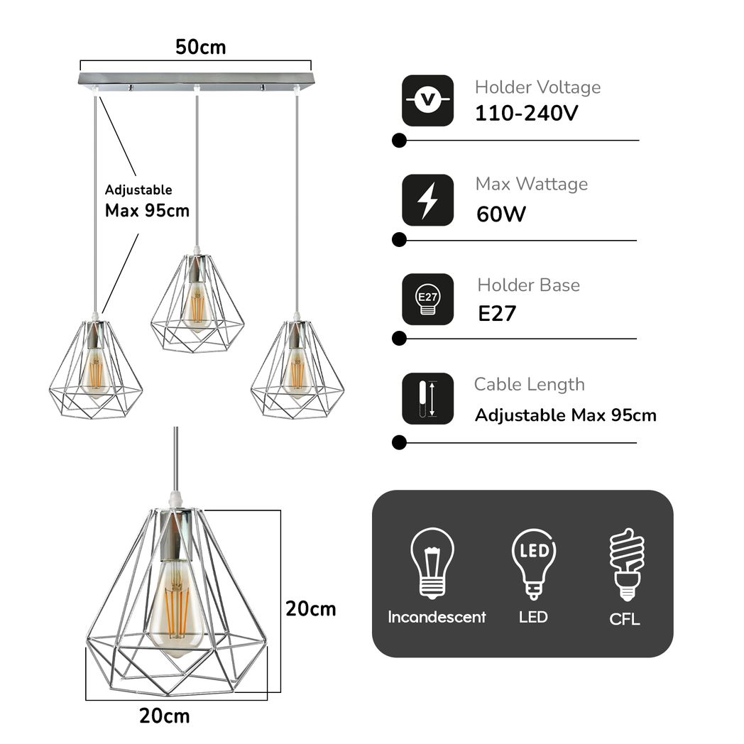 LEDSONE 3-Head Ceiling Pendant with 20cm Chrome Diamond Wire Cages – Vintage Industrial Rectangular Base