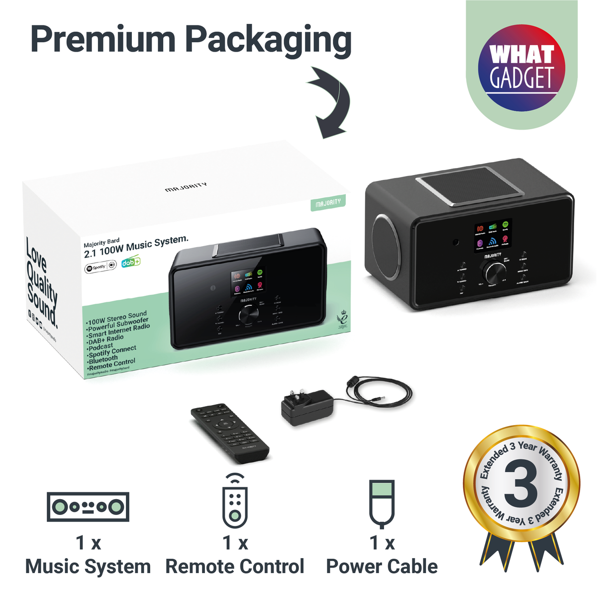 Majority Bard Music System with Internet Radio, DAB+/FM, Bluetooth & Spotify Connect – 100W, Black