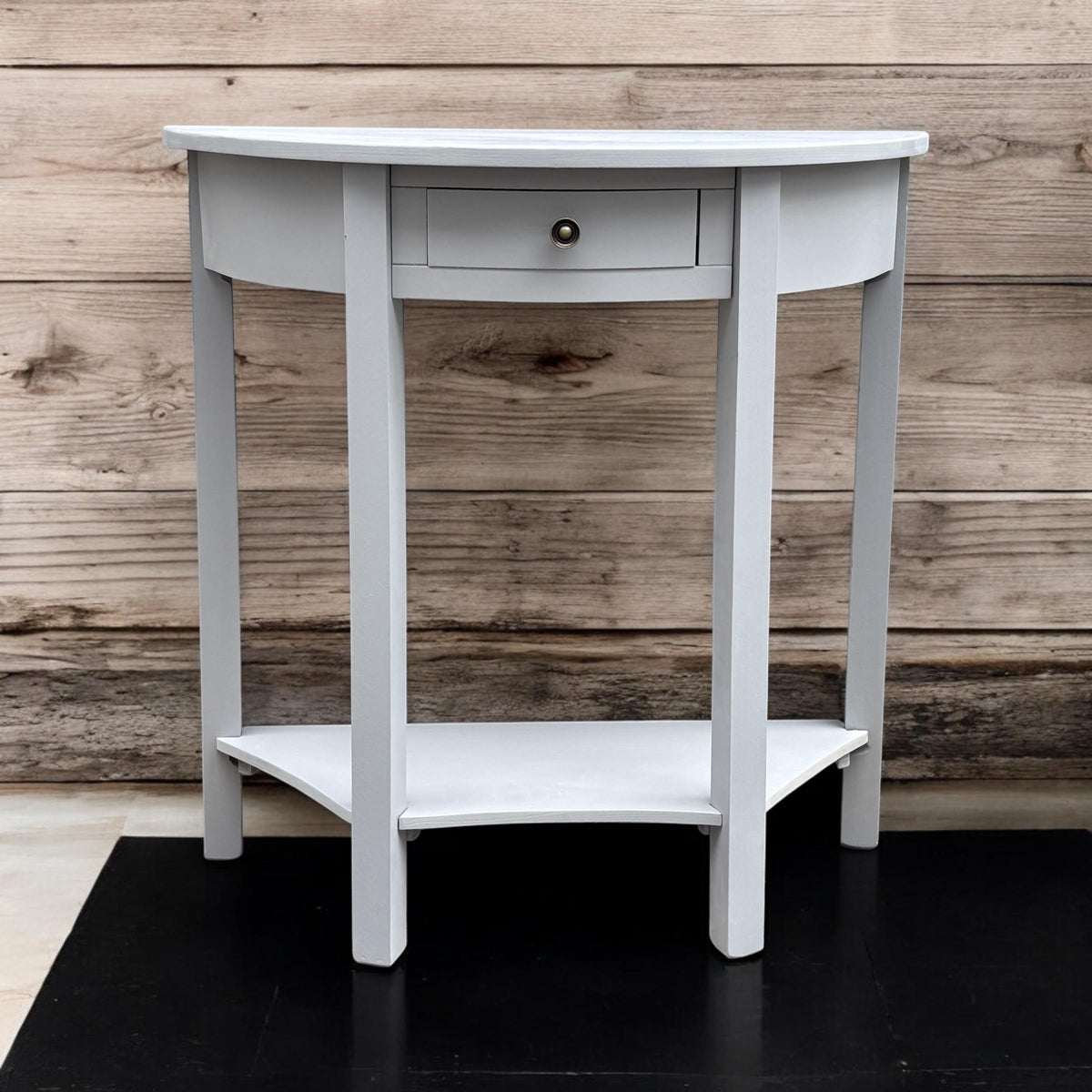 Art Deco 1 Drawer Semicircle Console Table with Satin Knob Handle – Medium Wood Tone Hallway Storage, Grey