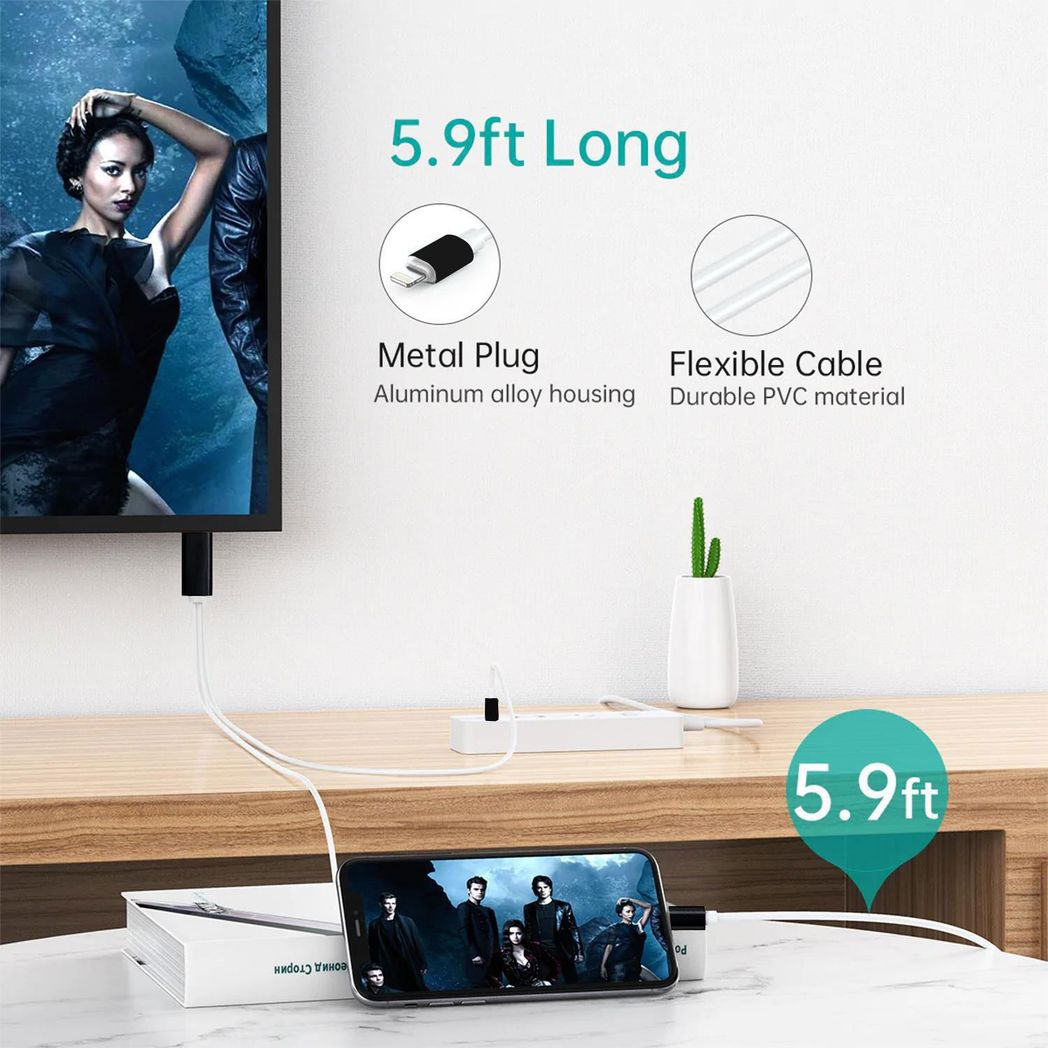 Aquarius Full HD HDMI Cable for 8-Pin Phone and Pad – 1080p Plug and Play TV Adapter, Black