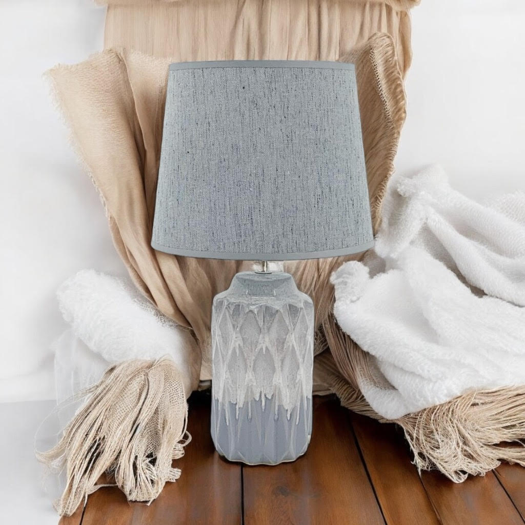 AcaciaHome Grey Two-Tone Ceramic Table Lamp with Drum Shade – 40cm Bedside & Desk Lighting