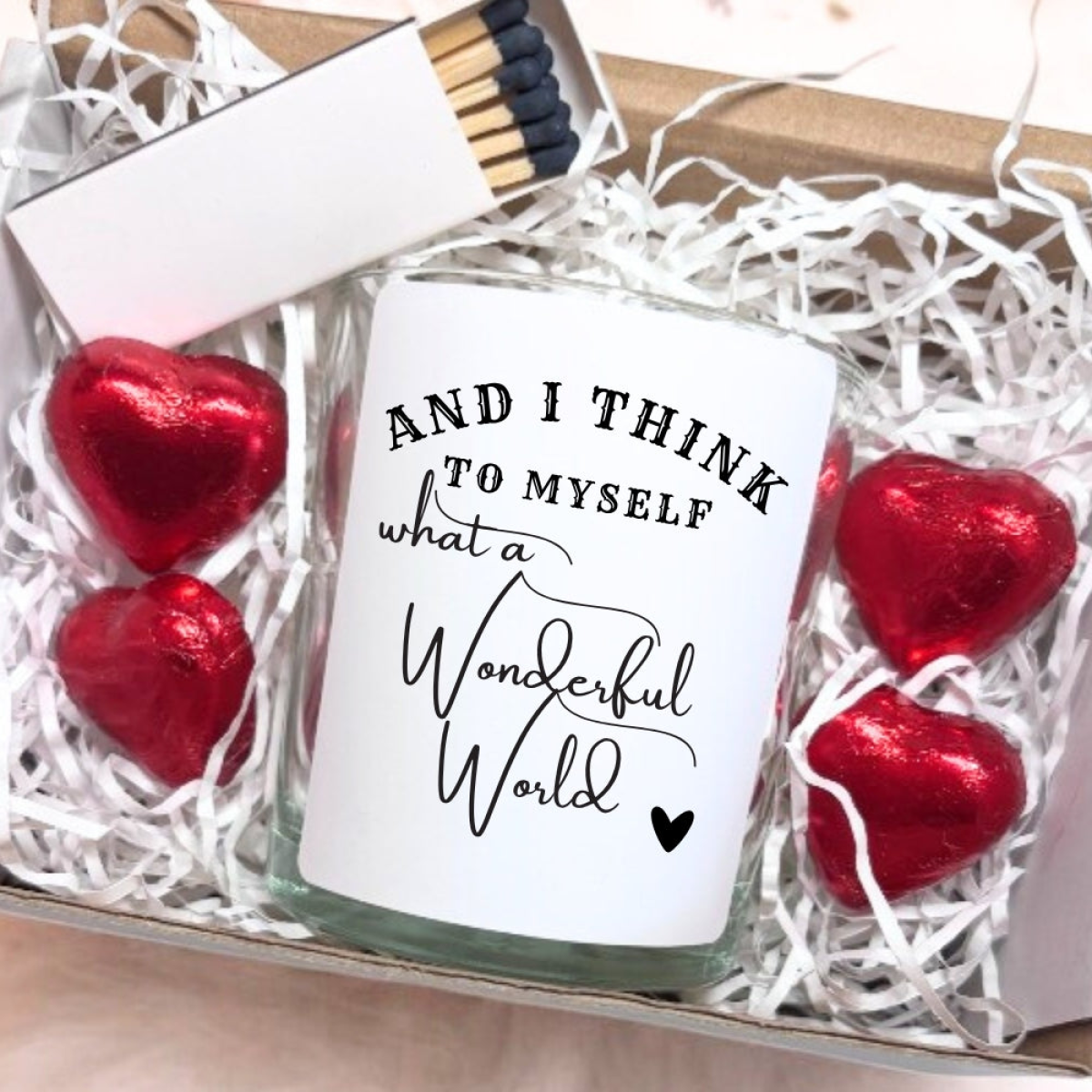 Aye Do Gifts What A Wonderful World Candle Gift Set with Fresh Linen Scent, Chocolates & Matches