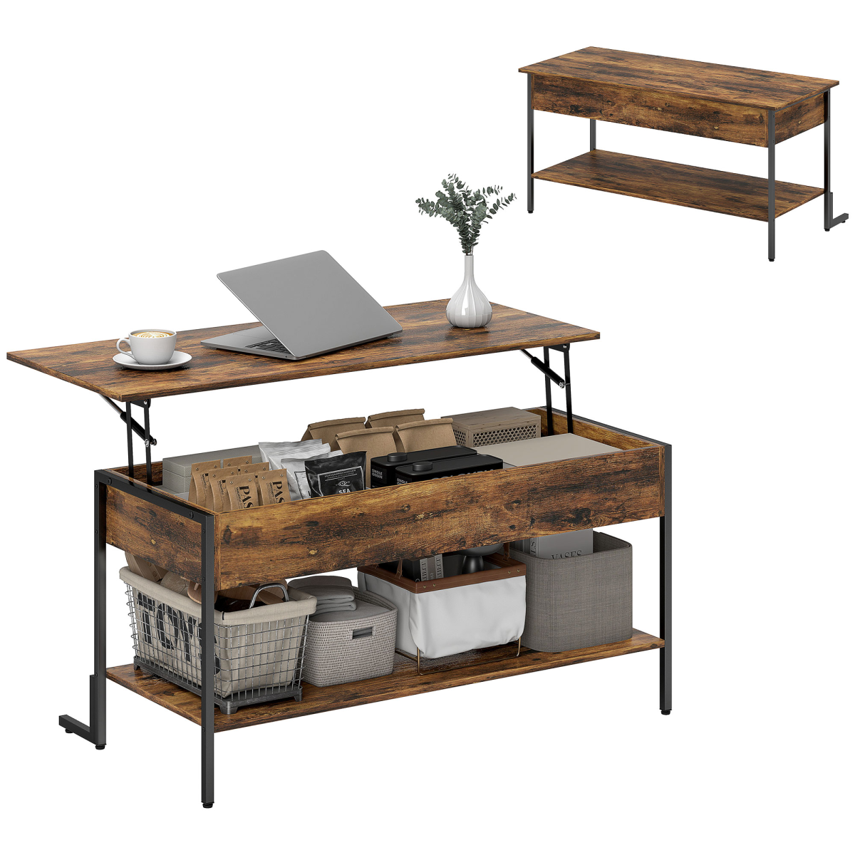 HOMCOM Industrial Lift Top Coffee Table with Hidden Storage Compartment & Open Shelf – Rustic Brown