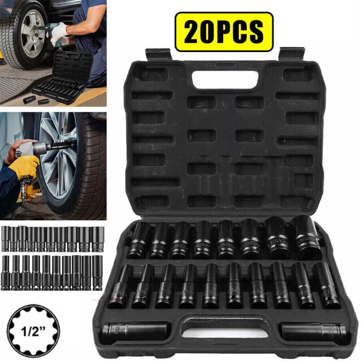 20-Piece Deep Impact Socket Set, 1/2 Inch Drive Metric 8–32mm – High-Carbon Steel with Storage Case