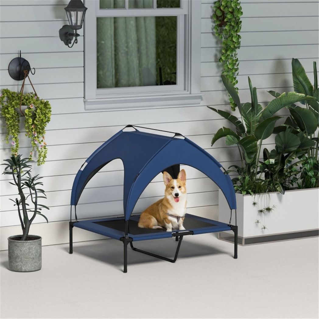Elevated Pet Bed with Water-Resistant UV Canopy, Breathable Mesh & Travel Bag – Large Dogs, Dark Blue