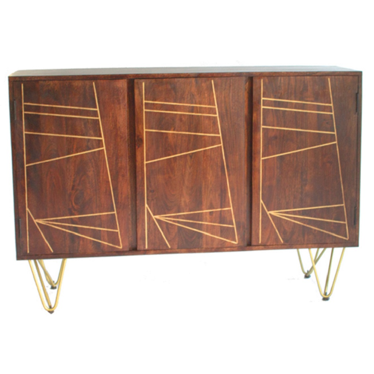 Large Solid Wood Sideboard with Dark Gold Metal Inlay – Spacious Storage Cabinet for Dining & Living Rooms