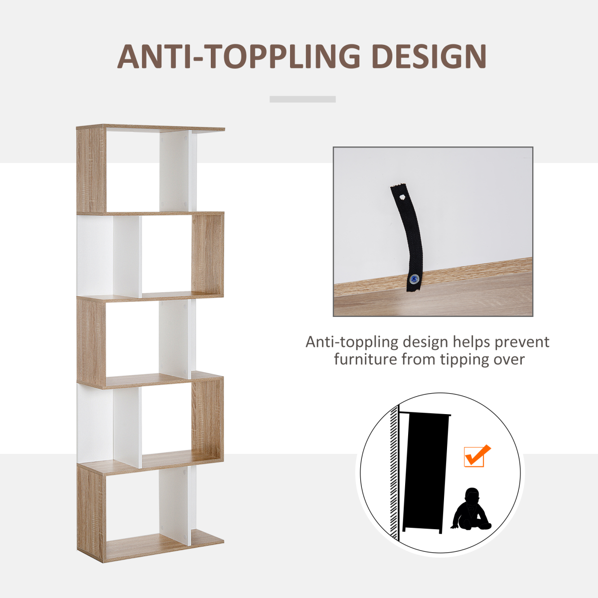 S-Shaped 5-Tier Bookcase – Modern Open-Back Shelf and Room Divider with Anti-Fall Hardware, White