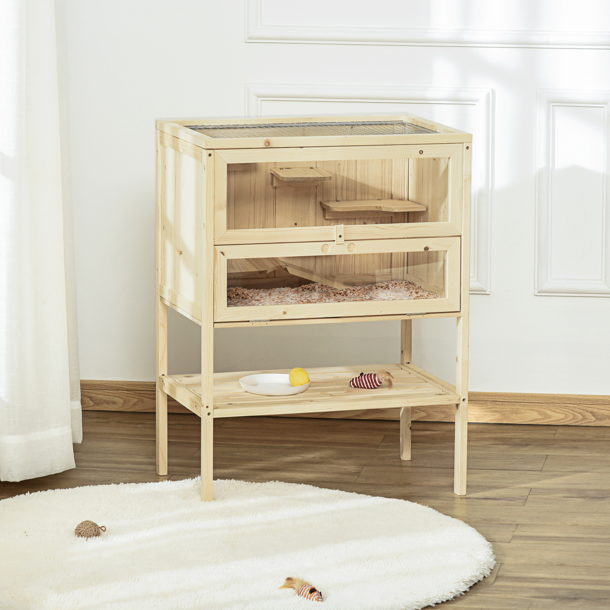 Wooden Hamster Cage with Hinged Top, Front Door and Plexiglass Window – Natural Fir Wood Pet Cage