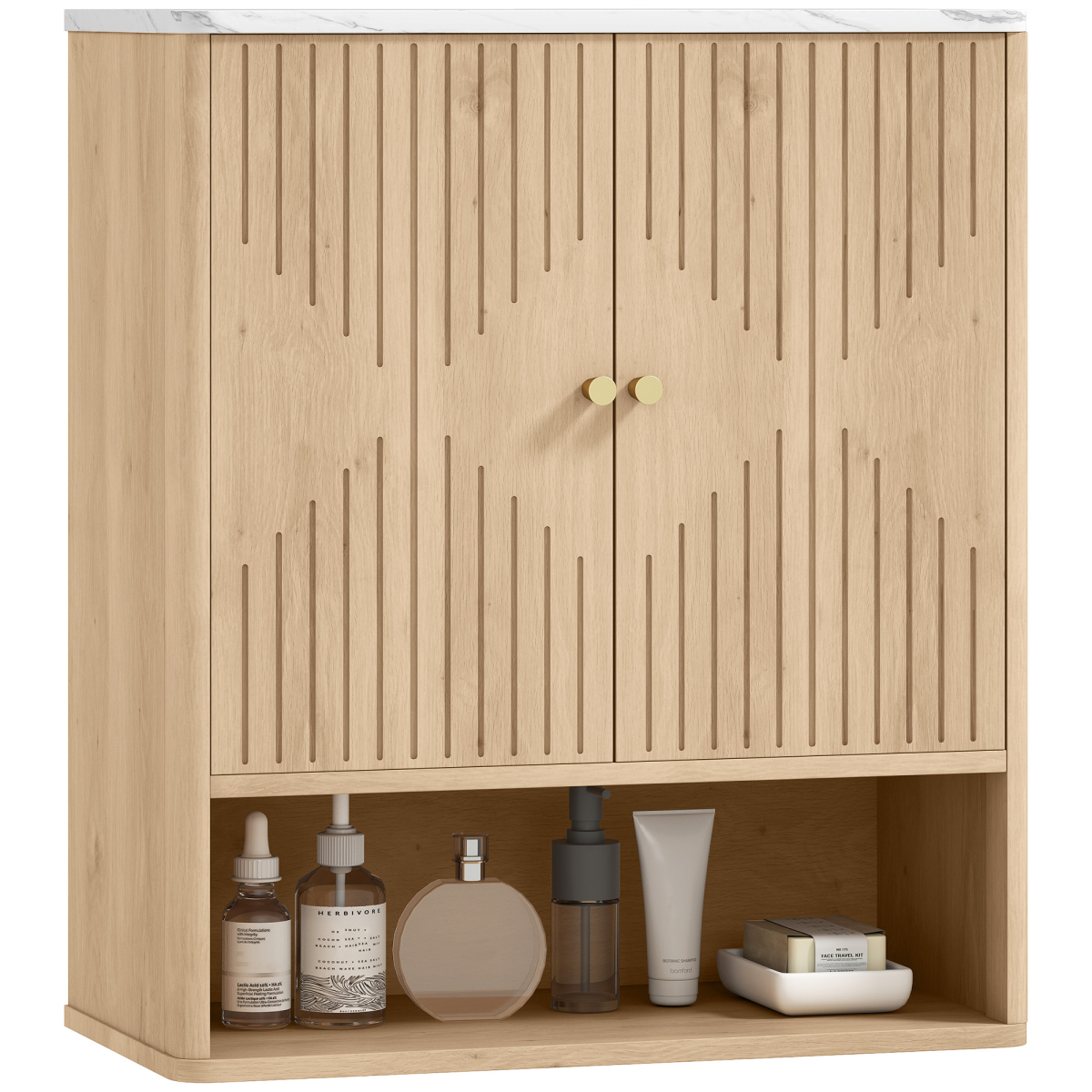 HOMCOM Bathroom Wall Cabinet with Adjustable Shelf and Open Shelf – Wall-Mounted Storage, Oak